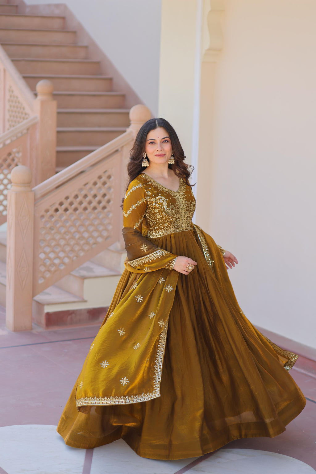 Evanik Mehendi Fendy Fabric With Zari & Sequins Embroidered work Gown Dupatta | Grocsy