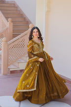 Evanik Mehendi Fendy Fabric With Zari & Sequins Embroidered work Gown Dupatta | Grocsy
