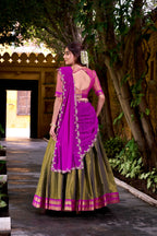 Evanik Mehendi South-style Kanchipuram silk lehenga With Unstitched Blouse & Dupatta | Grocsy