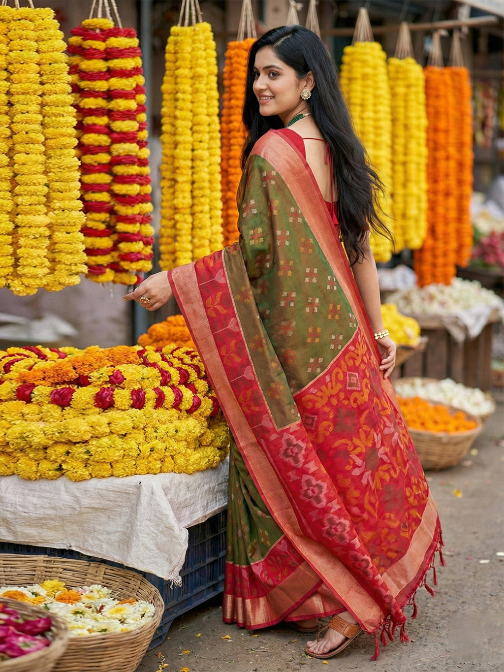 Anaita Mehendi Pochampally Silk Woven Saree With Blouse | Grocsy