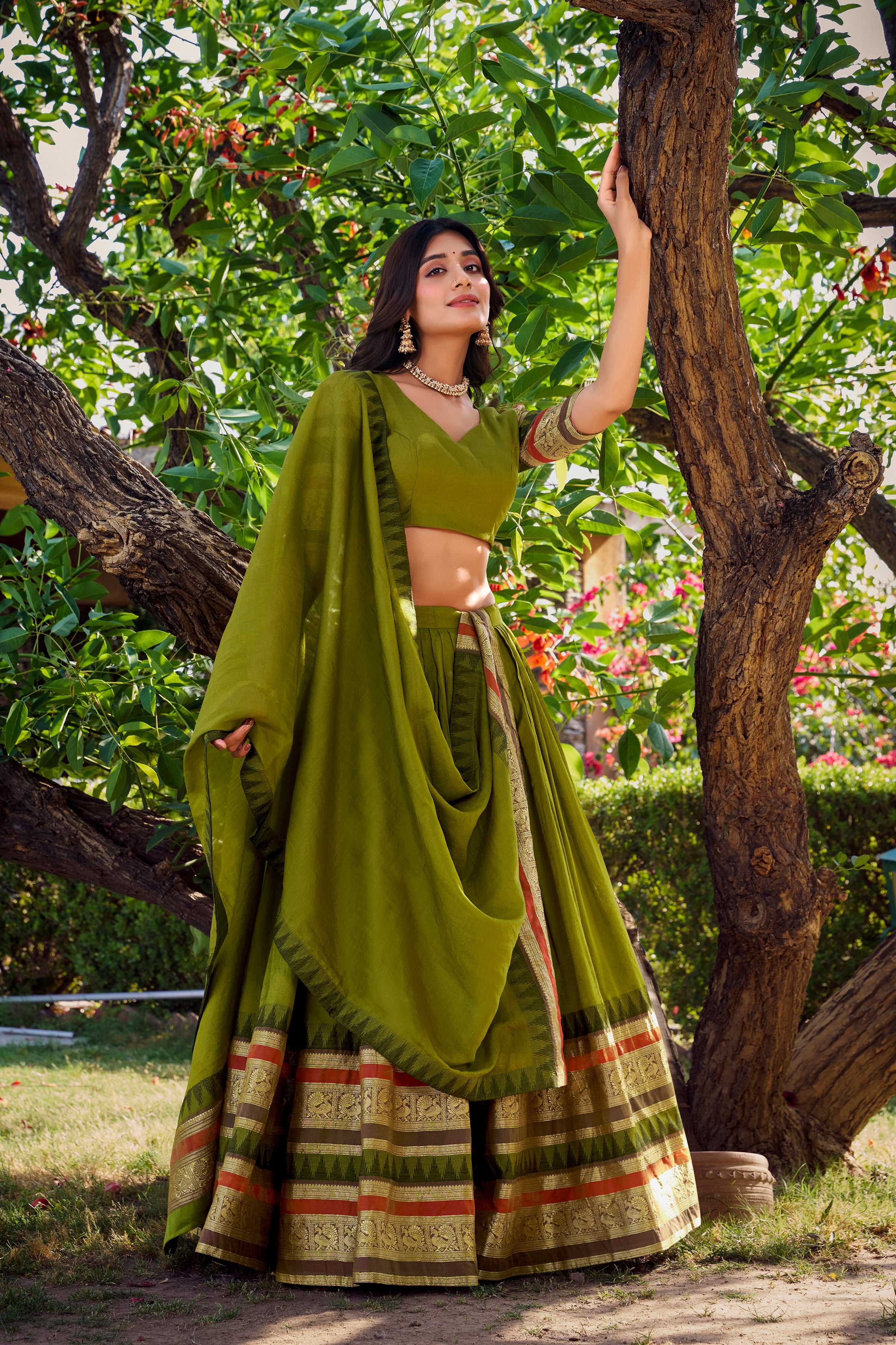 Evanik Women Pure Chanderi Plain With Zari Weaving Work Border Stitched Lehenga With Unstitched Blouse Dupatta(Up to 42) | Grocsy