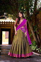 Evanik Mehendi South-style Kanchipuram silk lehenga With Unstitched Blouse & Dupatta | Grocsy