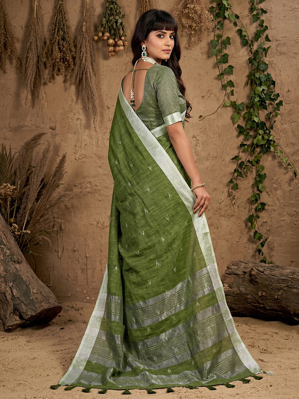Anaita Mehendi Linen Cotton Zari Work Saree With Blouse | Grocsy
