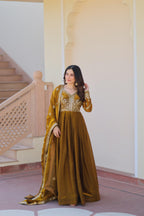 Evanik Mehendi Fendy Fabric With Zari & Sequins Embroidered work Gown Dupatta | Grocsy