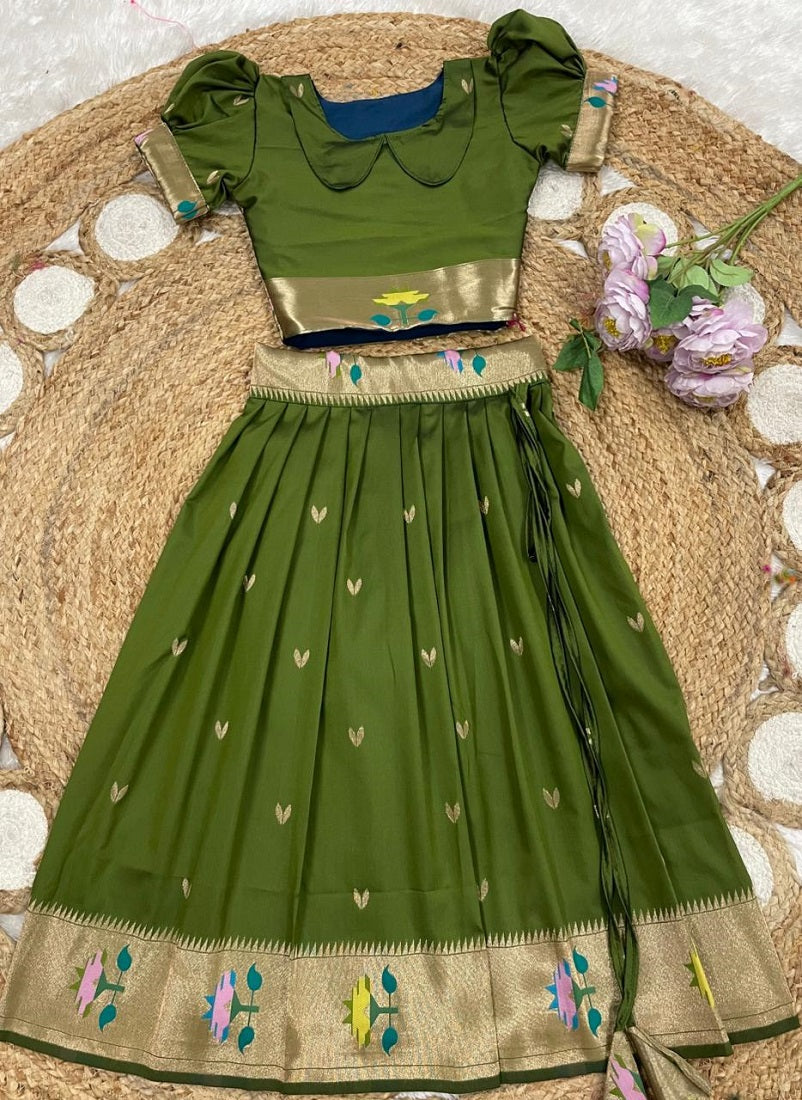 Evanik Green Soft Silk Paithani Design Zari Weaving Pavadai Lehenga Choli For Kids | Grocsy