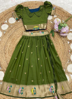 Evanik Green Soft Silk Paithani Design Zari Weaving Pavadai Lehenga Choli For Kids | Grocsy