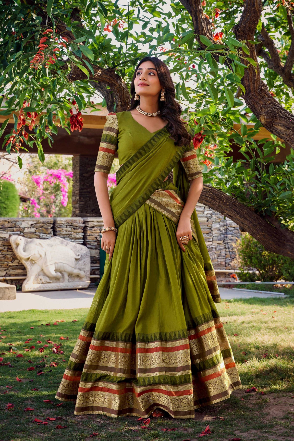 Evanik Women Pure Chanderi Plain With Zari Weaving Work Border Stitched Lehenga With Unstitched Blouse Dupatta(Up to 42) | Grocsy