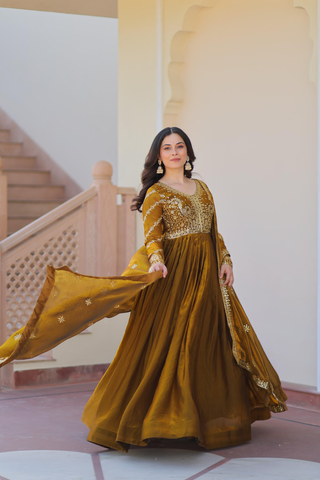 Evanik Mehendi Fendy Fabric With Zari & Sequins Embroidered work Gown Dupatta | Grocsy