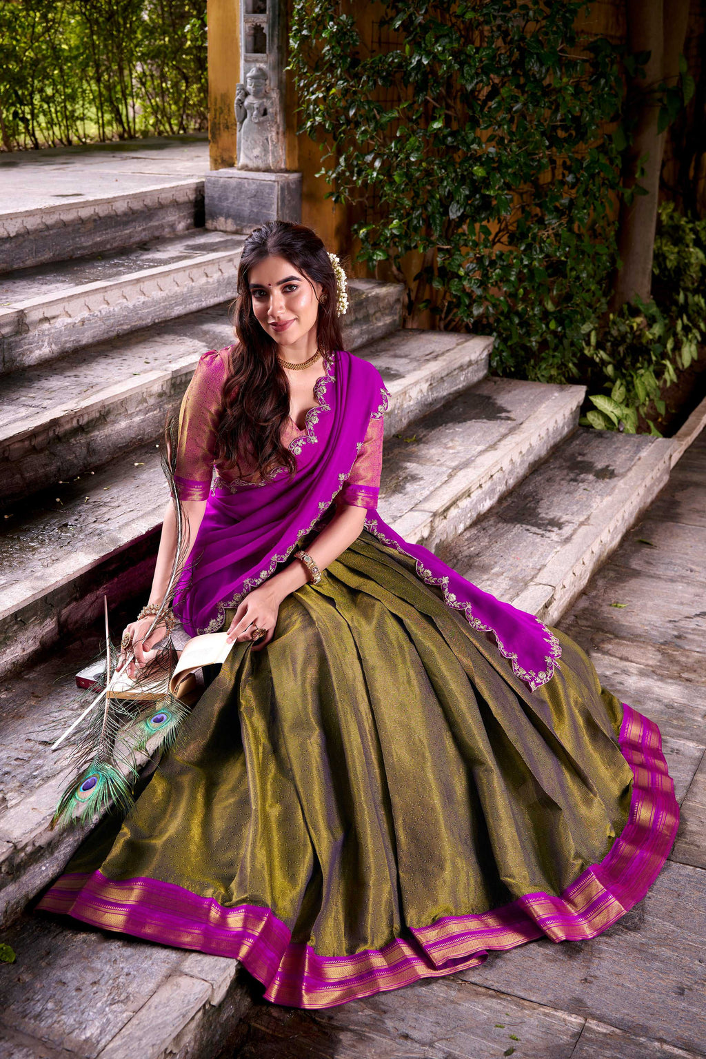 Evanik Mehendi South-style Kanchipuram silk lehenga With Unstitched Blouse & Dupatta | Grocsy