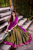 Evanik Mehendi South-style Kanchipuram silk lehenga With Unstitched Blouse & Dupatta | Grocsy