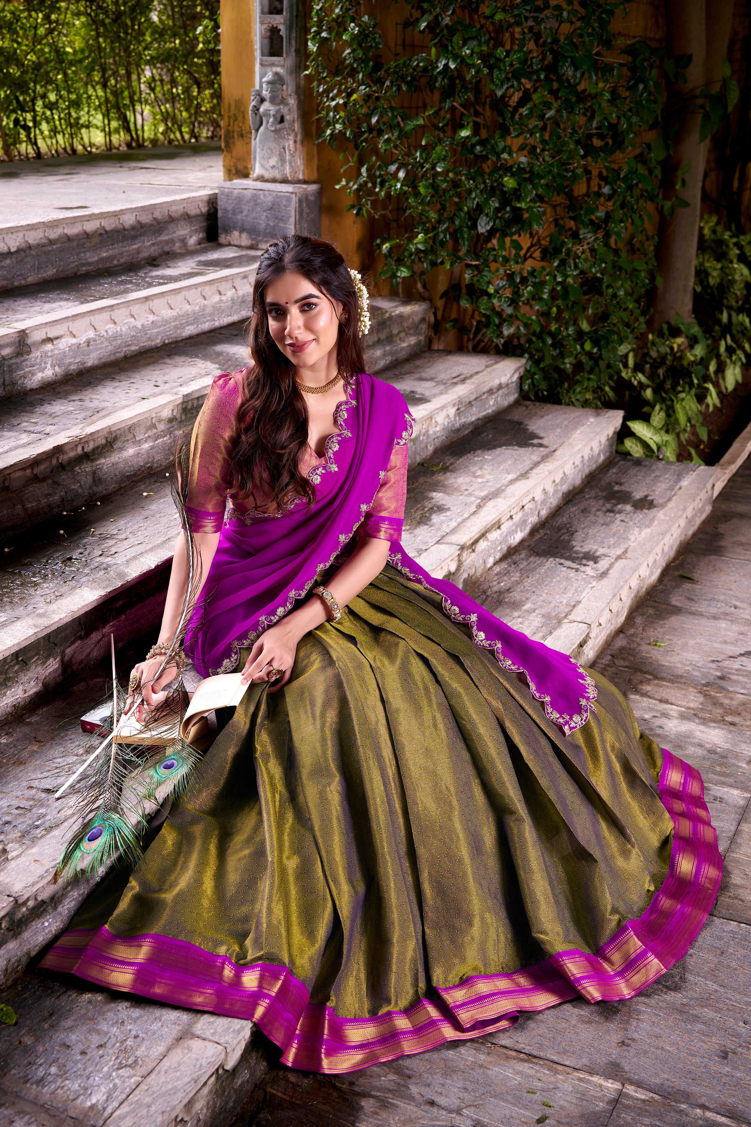 Evanik Mehendi South-style Kanchipuram silk lehenga With Unstitched Blouse & Dupatta | Grocsy