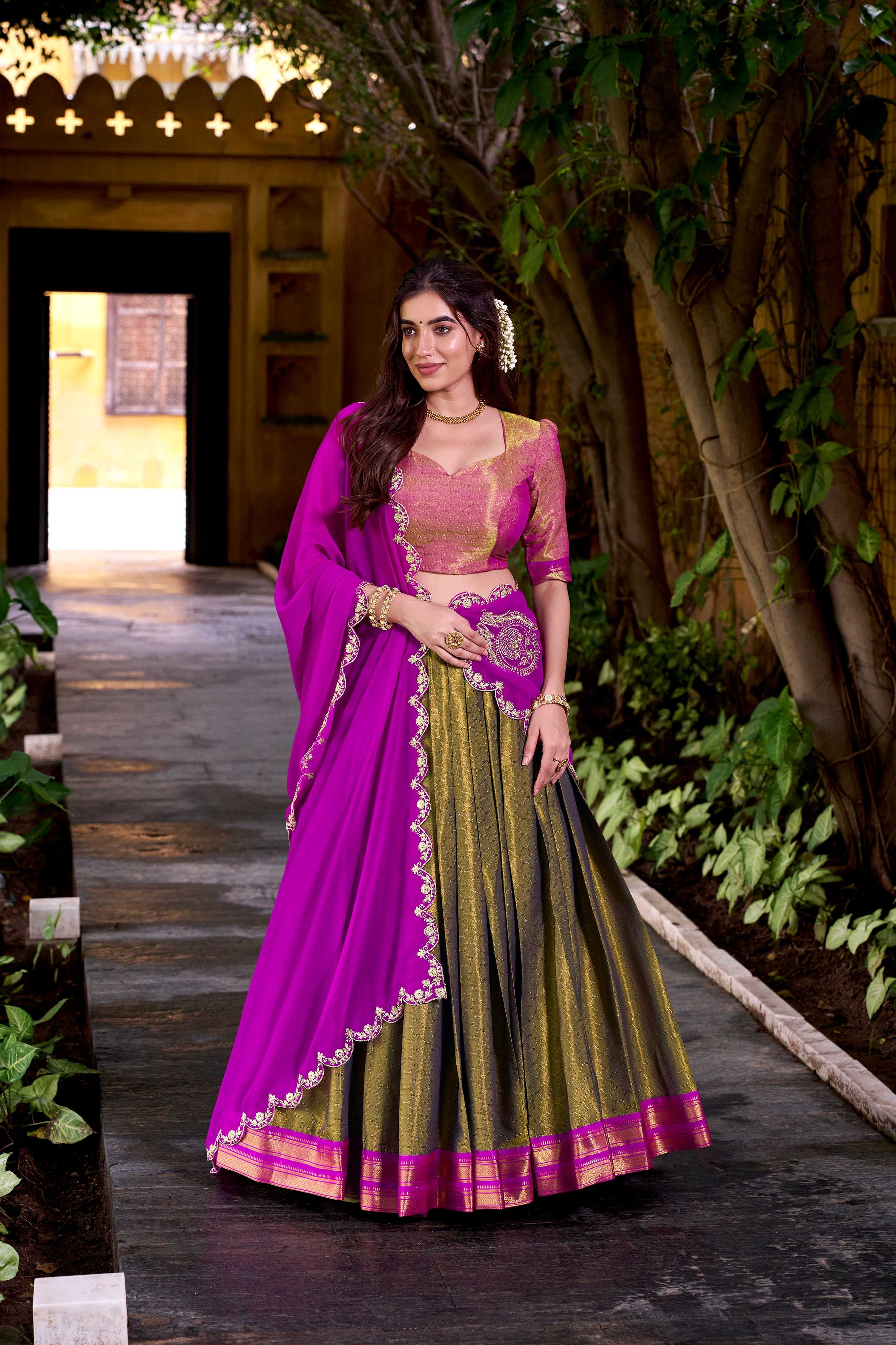 Evanik Mehendi South-style Kanchipuram silk lehenga With Unstitched Blouse & Dupatta | Grocsy