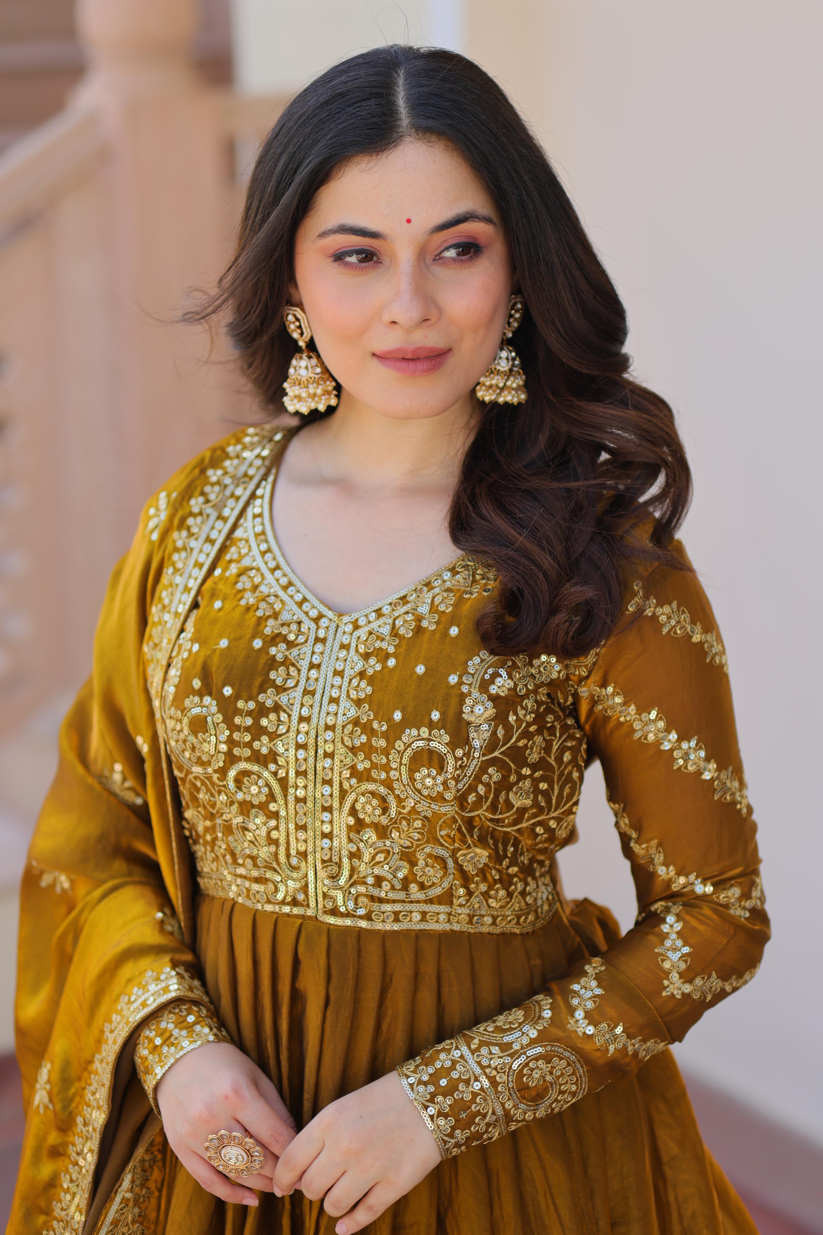 Evanik Mehendi Fendy Fabric With Zari & Sequins Embroidered work Gown Dupatta | Grocsy
