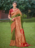 Anaita Mehendi Banarasi Saree With Blouse Piece | Grocsy