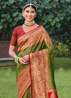 Anaita Mehendi Banarasi Saree With Blouse Piece | Grocsy
