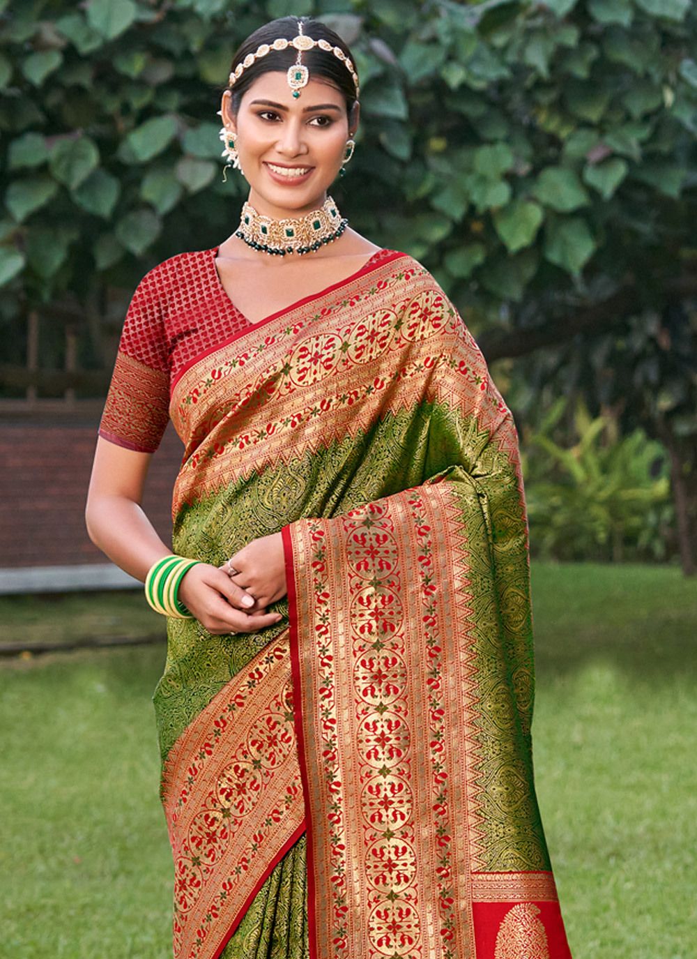 Anaita Mehendi Banarasi Saree With Blouse Piece | Grocsy