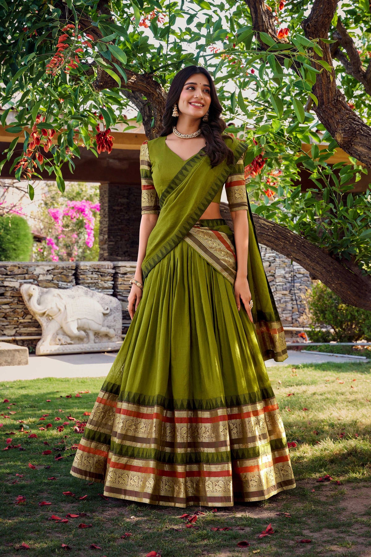Evanik Women Pure Chanderi Plain With Zari Weaving Work Border Stitched Lehenga With Unstitched Blouse Dupatta(Up to 42) | Grocsy