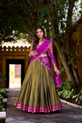 Evanik Mehendi South-style Kanchipuram silk lehenga With Unstitched Blouse & Dupatta | Grocsy