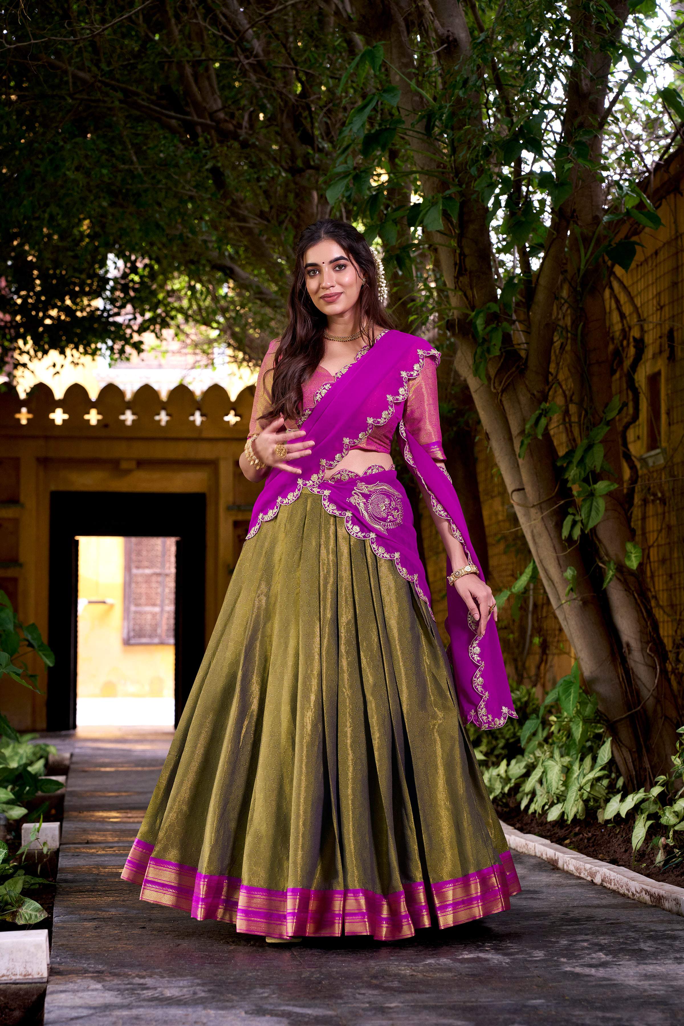 Evanik Mehendi South-style Kanchipuram silk lehenga With Unstitched Blouse & Dupatta | Grocsy