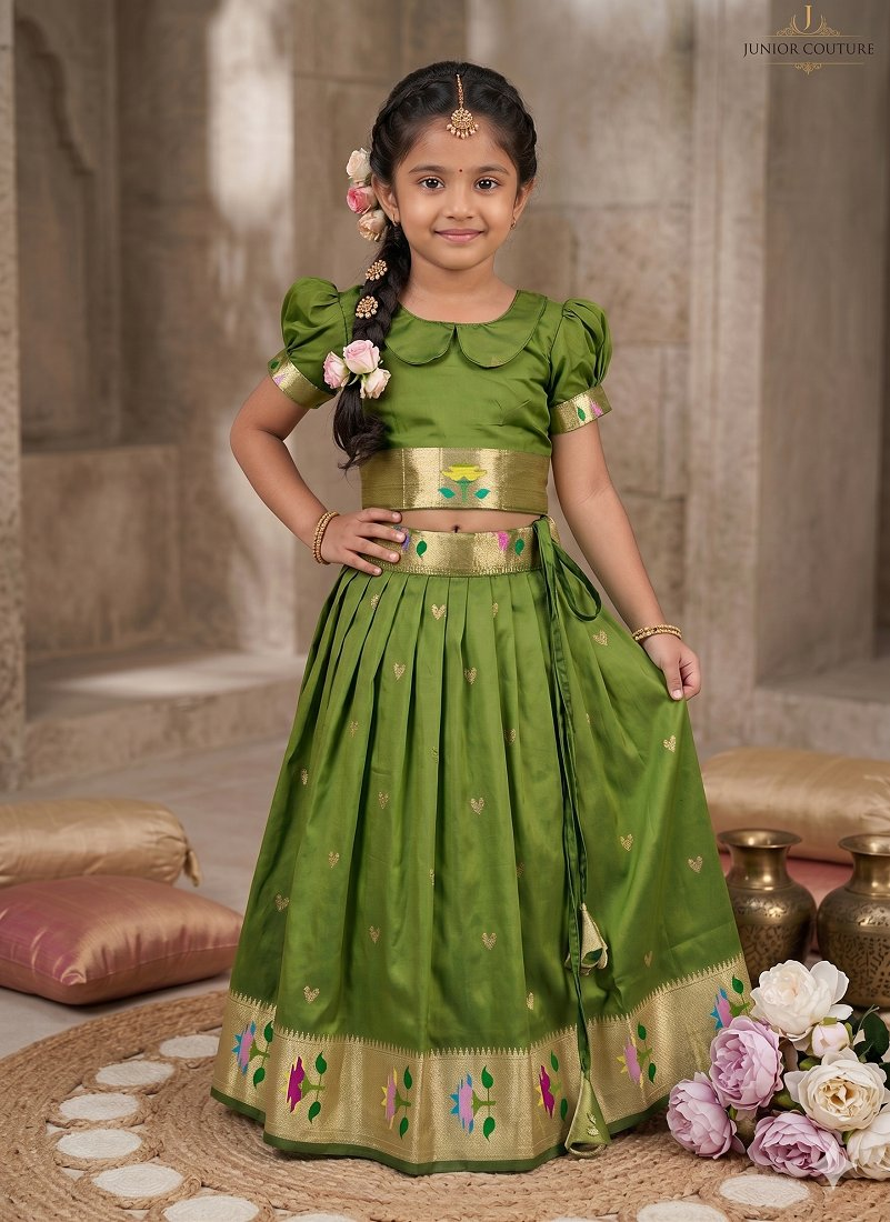 Evanik Green Soft Silk Paithani Design Zari Weaving Pavadai Lehenga Choli For Kids | Grocsy