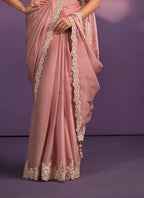Pink Crepe Georgette Silk Embroidered Saree With Stitched Blouse - Mohmanthan Exotica | Grocsy