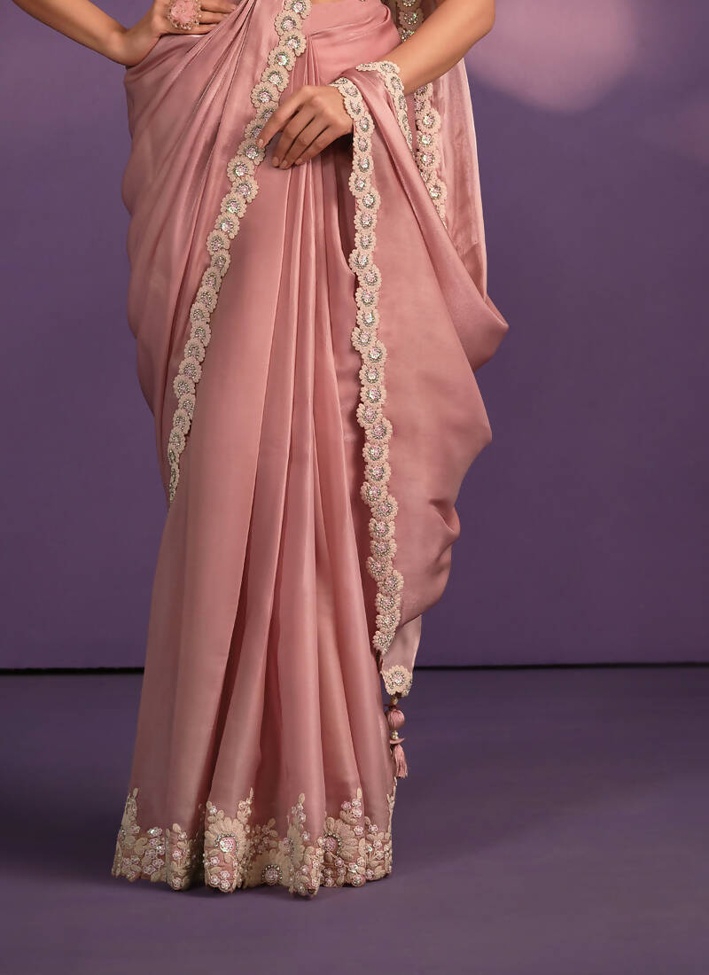 Pink Crepe Georgette Silk Embroidered Saree With Stitched Blouse - Mohmanthan Exotica | Grocsy