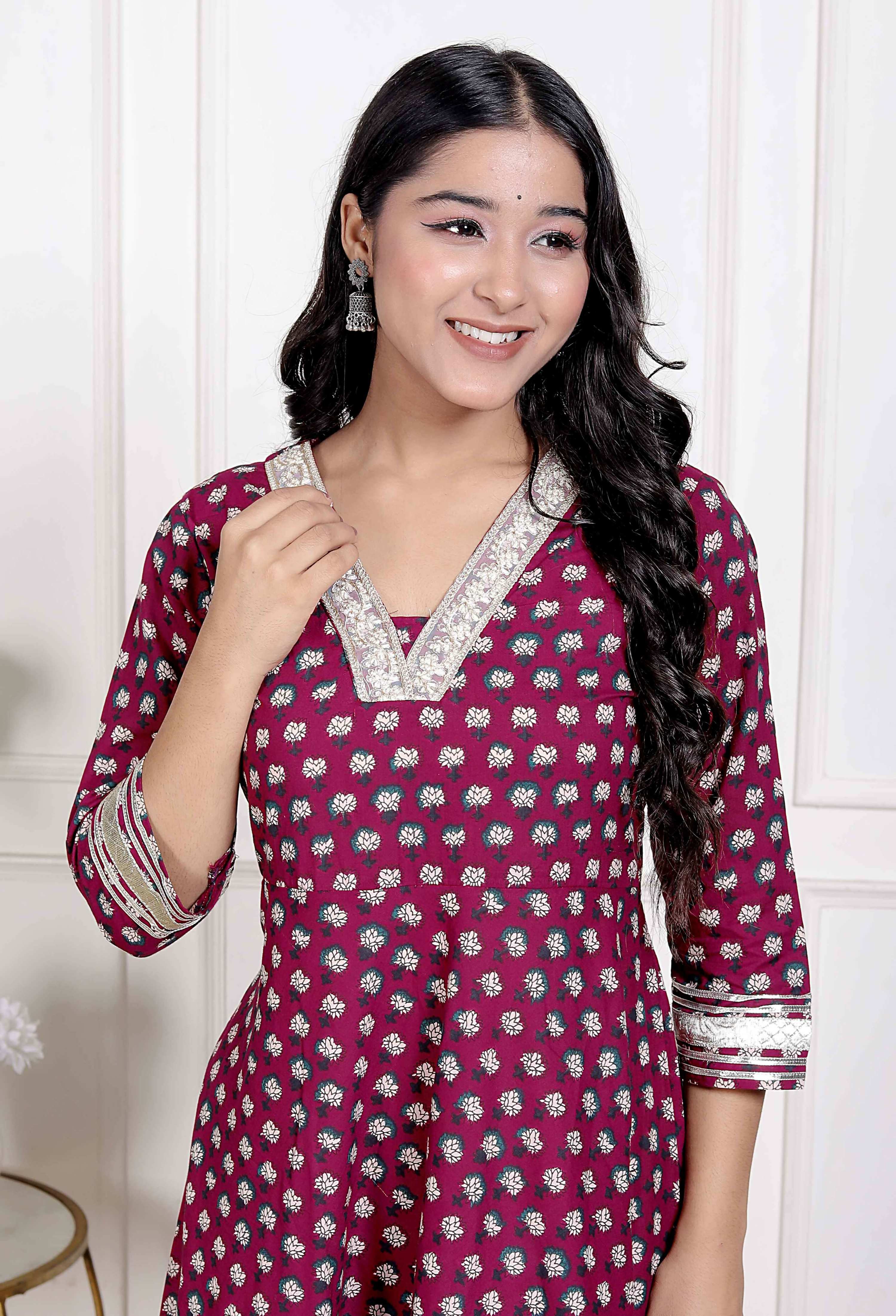 Miravan Women's Maroon embroidered Anarkali Kurta and Dupatta | Grocsy