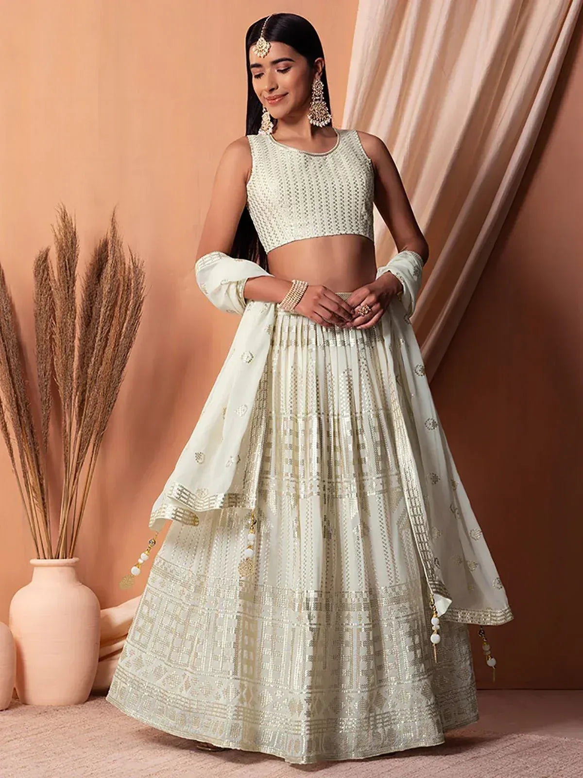 Tulsi Art Mesmerizing White Sequins Georgette Lehenga Choli With Dupatta | Grocsy