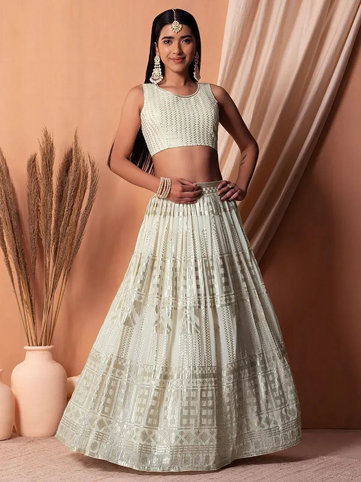 Tulsi Art Mesmerizing White Sequins Georgette Lehenga Choli With Dupatta | Grocsy