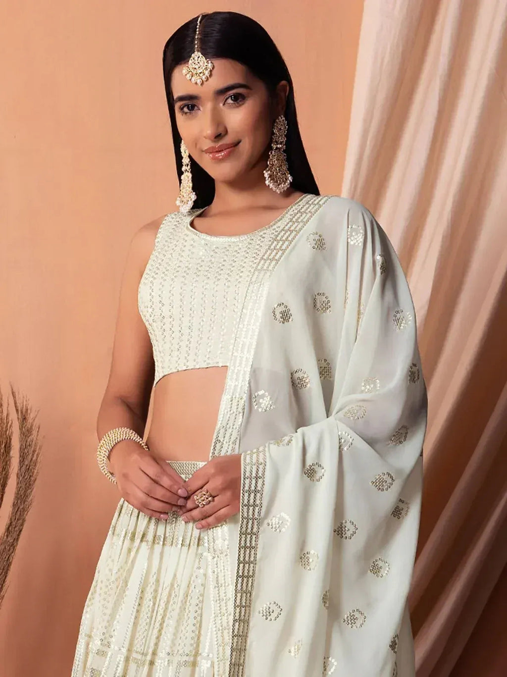 Tulsi Art Mesmerizing White Sequins Georgette Lehenga Choli With Dupatta | Grocsy