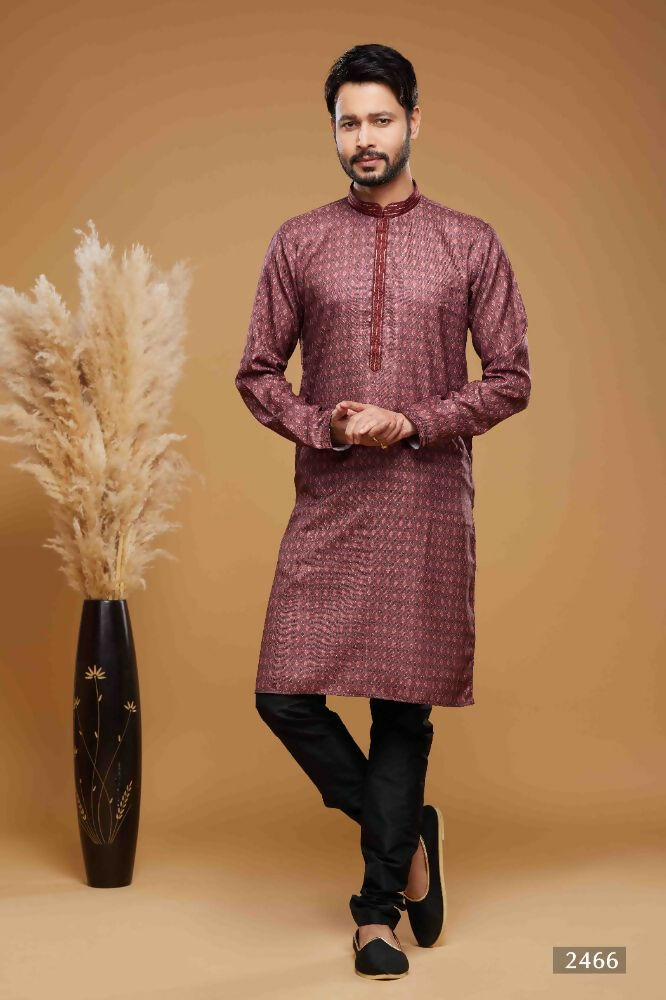 Raivat Ethnic Art Silk Digital Print Pintux Work Kurta Pajama In Maroon Colour | Grocsy