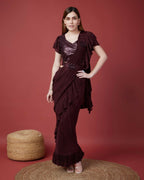 Wine Imported Crush Solid Ready to Wear Saree with stitched Blouse - Aayan | Grocsy