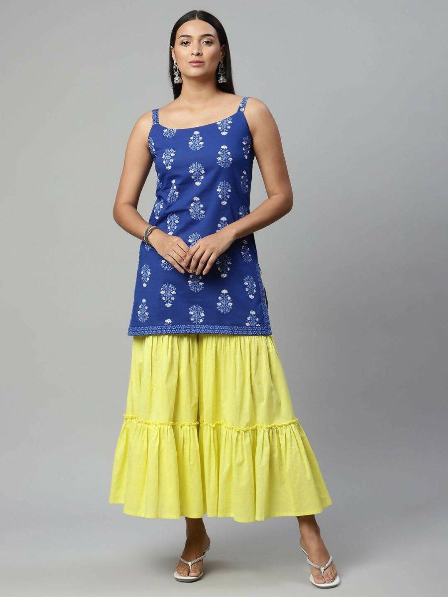Ahalyaa Womens Royal Blue Pure Cotton Printed Tunic Sharara Set | Grocsy