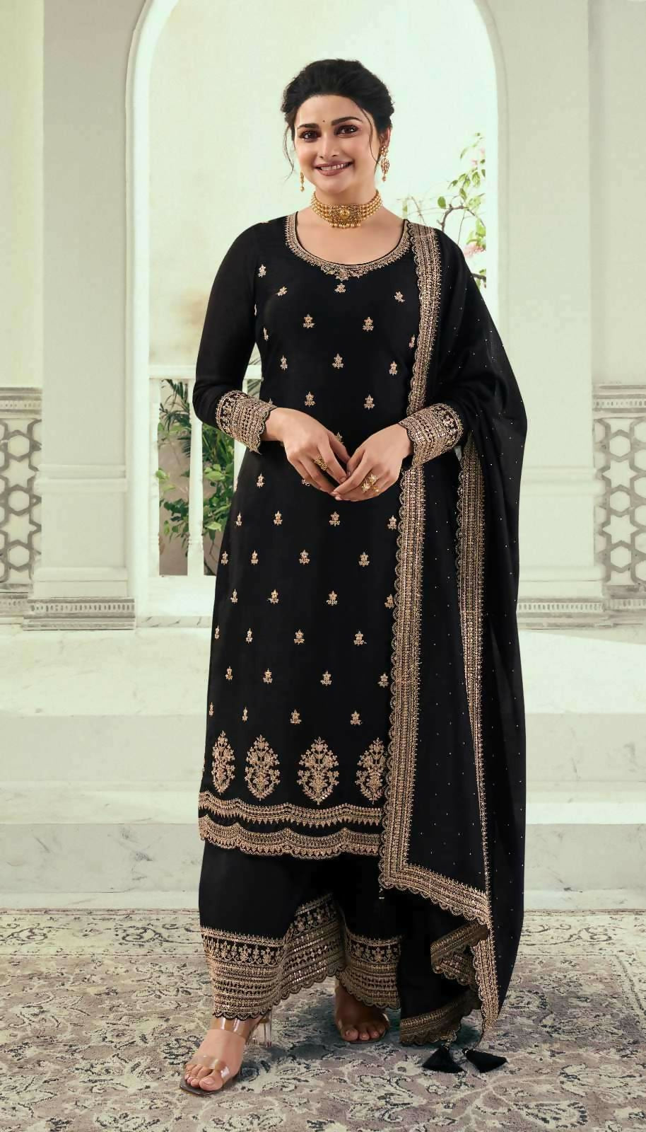 Anaita Black Silk Georgette Stitched Suit with Embroidery Sequins | Grocsy