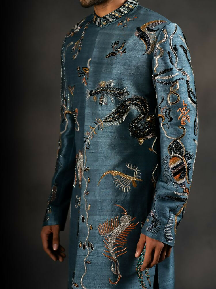 Deep Blue Hand Embroidered Indowestern Sherwani by Hilo Design | Grocsy