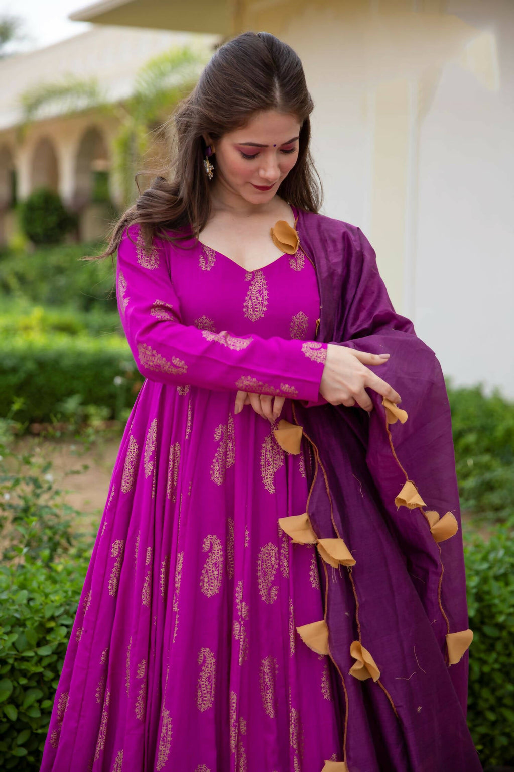 Purple Pure Reyon Gold Foil Work Stitched Suit With Dupatta - Anbazaar | Grocsy