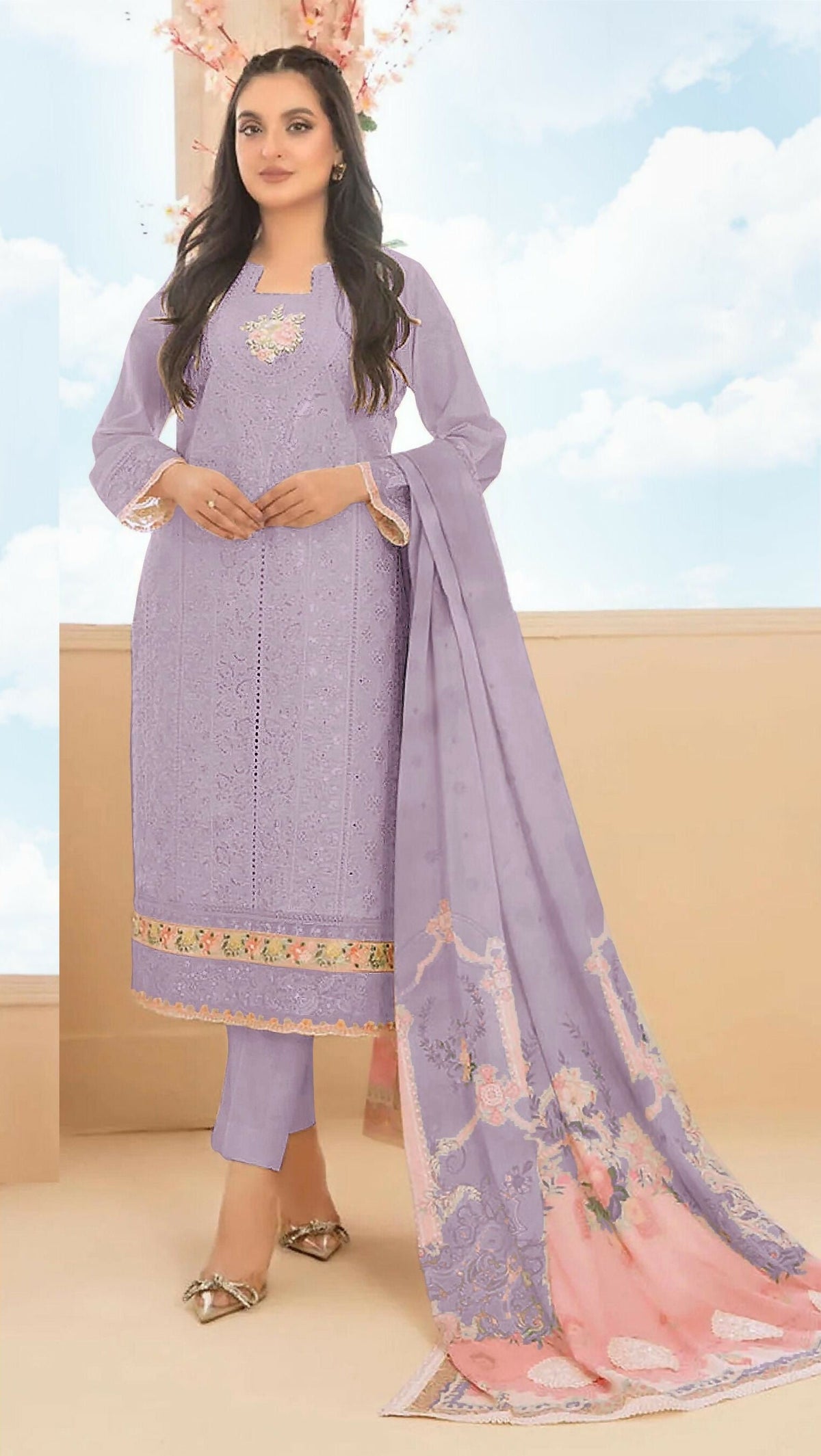 Anaita Purple Cambric Cotton Stitched Suit with Embroidery & Sequence Work | Grocsy