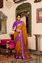 Vastranavya Mustard Poly Cotton Kalamkari Printed Saree with Unstitched Blouse | Grocsy