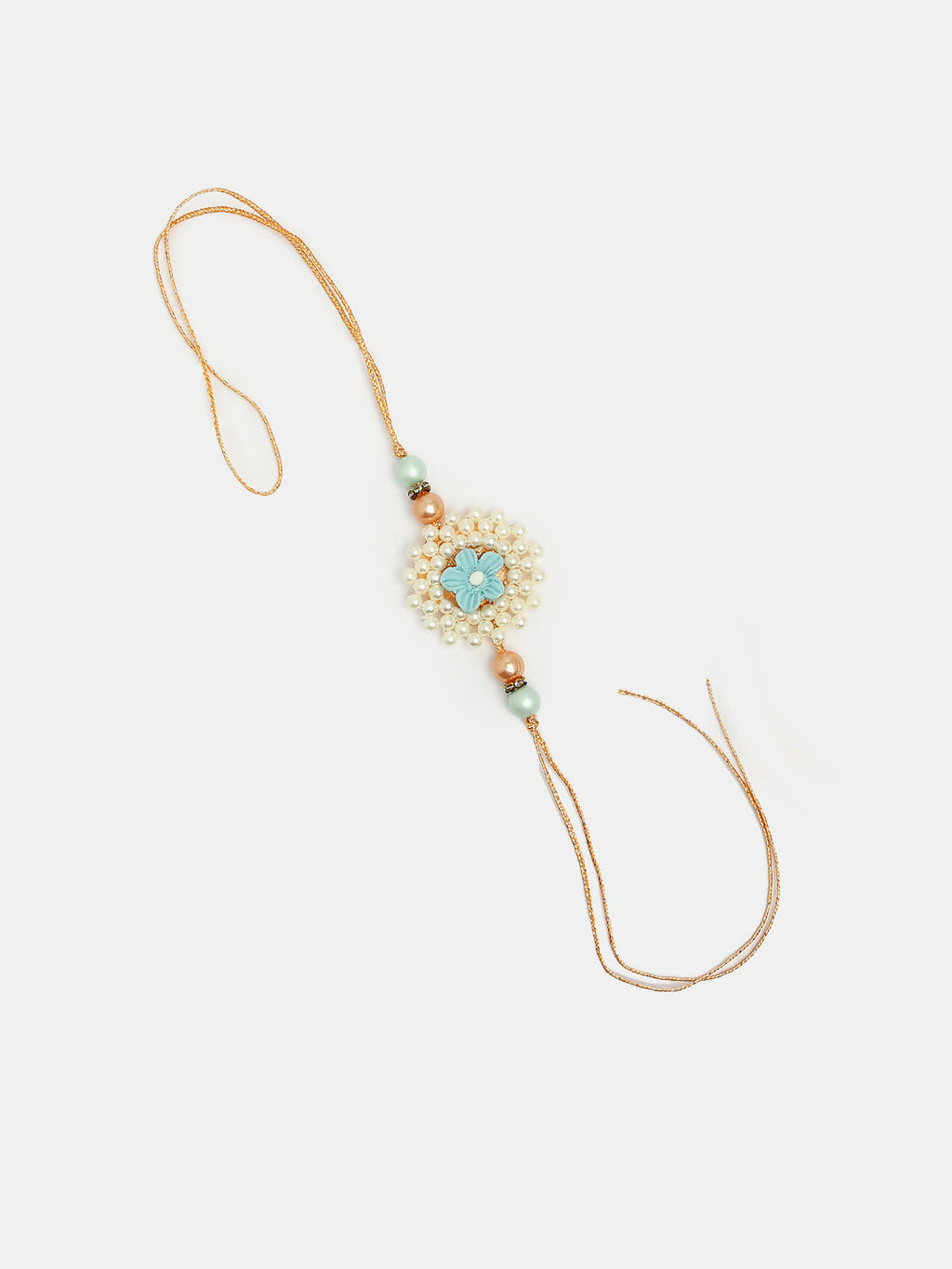 NVR Women & Men Set of 2 Peach Floral Design Pearl Beaded Bhaiya Bhabi Rakhi With Roli Chawal & Chocolate | Grocsy