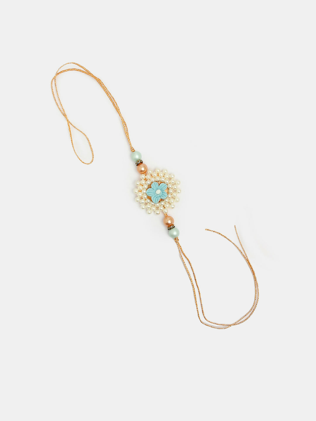 NVR Women & Men Set of 2 Peach Floral Design Pearl Beaded Bhaiya Bhabi Rakhi With Roli Chawal & Chocolate | Grocsy