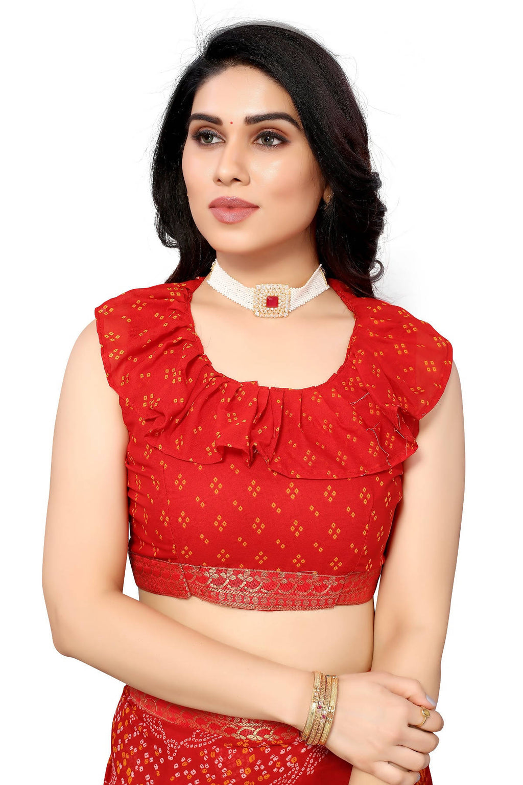 Vamika Ethnic Fire Red Printed With Lace Saree | Grocsy