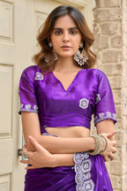 Vastranavya Purple-Blue Embroidery Work Shimmer Chiffon Saree with Unstitched Blouse | Grocsy