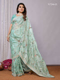 Blue Satin Silk Embroidered Saree With Stitched Blouse - Nimaya Kaksha | Grocsy