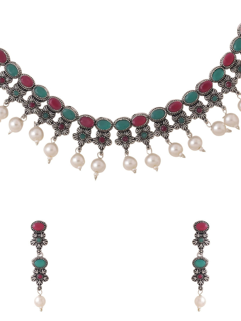 NVR Women Silver-Plated Stone Studded Oxidised Silver Jewellery Set | Grocsy