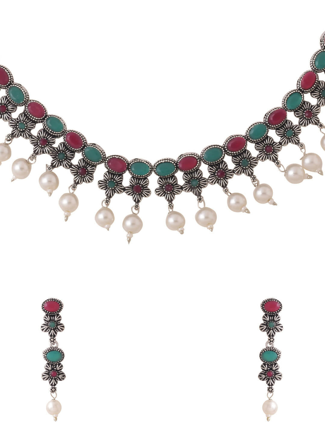 NVR Women Silver-Plated Stone Studded Oxidised Silver Jewellery Set | Grocsy