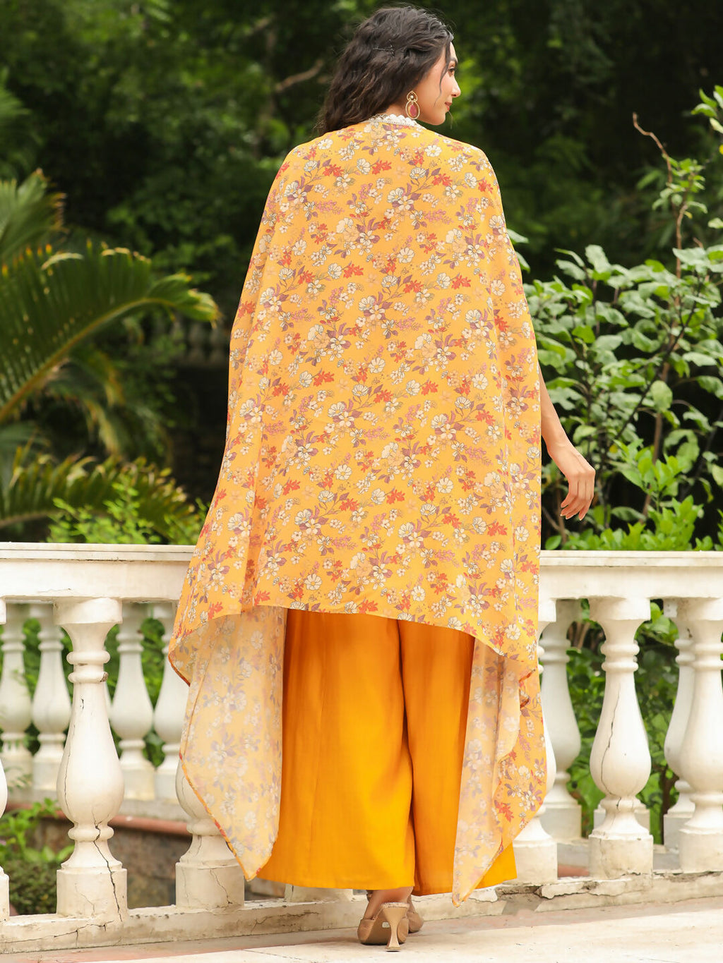 Janasya Mustard Georgette Floral Top Bottom Cape | Grocsy