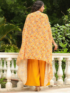 Janasya Mustard Georgette Floral Top Bottom Cape | Grocsy