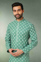 Raivat Ethnic Cotton Printed Work Kurta Pajama In Green Colour | Grocsy