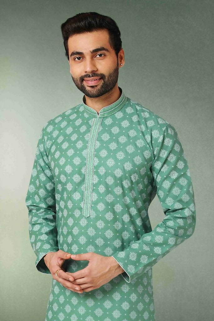 Raivat Ethnic Cotton Printed Work Kurta Pajama In Green Colour | Grocsy