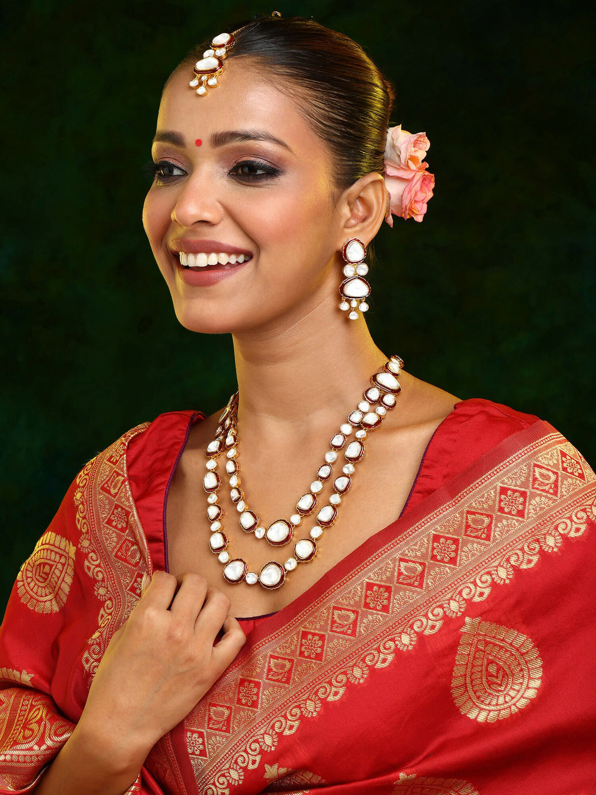 Ruby Raang 22k Gold Polished Red Meenakari Kundan Layered Necklace With Earrings & Maang Tikka | Grocsy